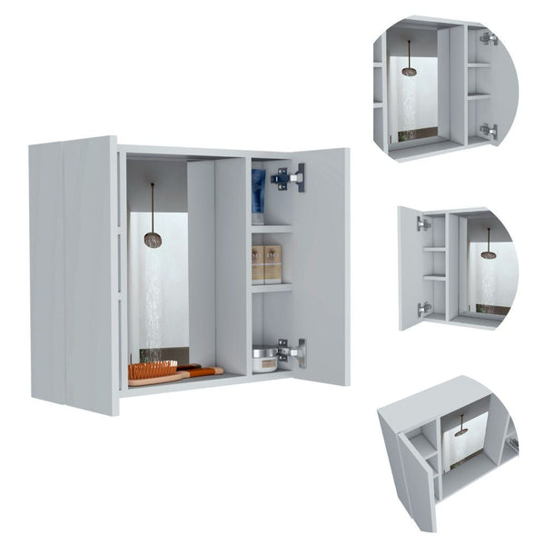 English Elm Medicine Double Door Cabinet with Mirror and External Shelf for Bathroom Storage, Sleek Durable Design White 28.34 L x 26.77 W x 3.94 H B097133007