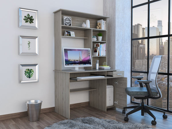 English Elm Compu 180 Hutch Desk With Shelves, Drawer & Keyboard Tray - Efficient Light Gray Workspace Solution B070S00007