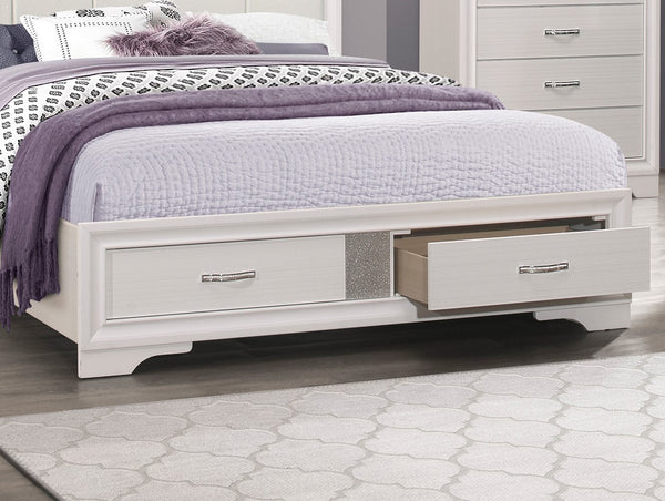 English Elm Modern Glam Queen Platform Bed with Upholstered Silver-Accent Headboard, White Finish, Storage Drawers B011S00891