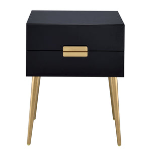 English Elm Black Black and Gold Side Table with 2 Drawer — Compact Glam Nightstand with Gold Tapered Legs, Storage Elegance B062P181391