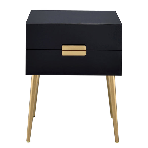 English Elm Black Black and Gold Side Table with 2 Drawer — Compact Glam Nightstand with Gold Tapered Legs, Storage Elegance B062P181391