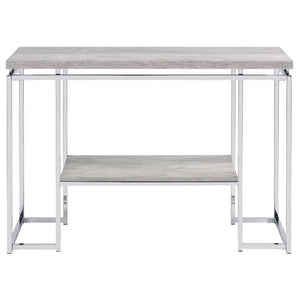 English Elm Natural Oak Chrome Sofa Table with Open Shelf, Industrial Metal Apron Trim, Sleek Modern Console B062P181393