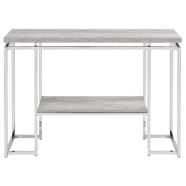 English Elm Natural Oak Chrome Sofa Table with Open Shelf, Industrial Metal Apron Trim, Sleek Modern Console B062P181393