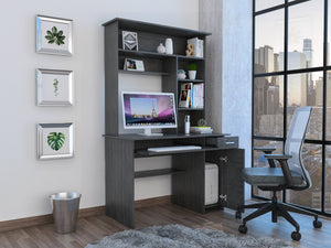 English Elm Compu 180 Hutch Desk: Stylish Grey Oak Workspace With Shelves, Drawer, And Retractable Keyboard Tray B070S00008