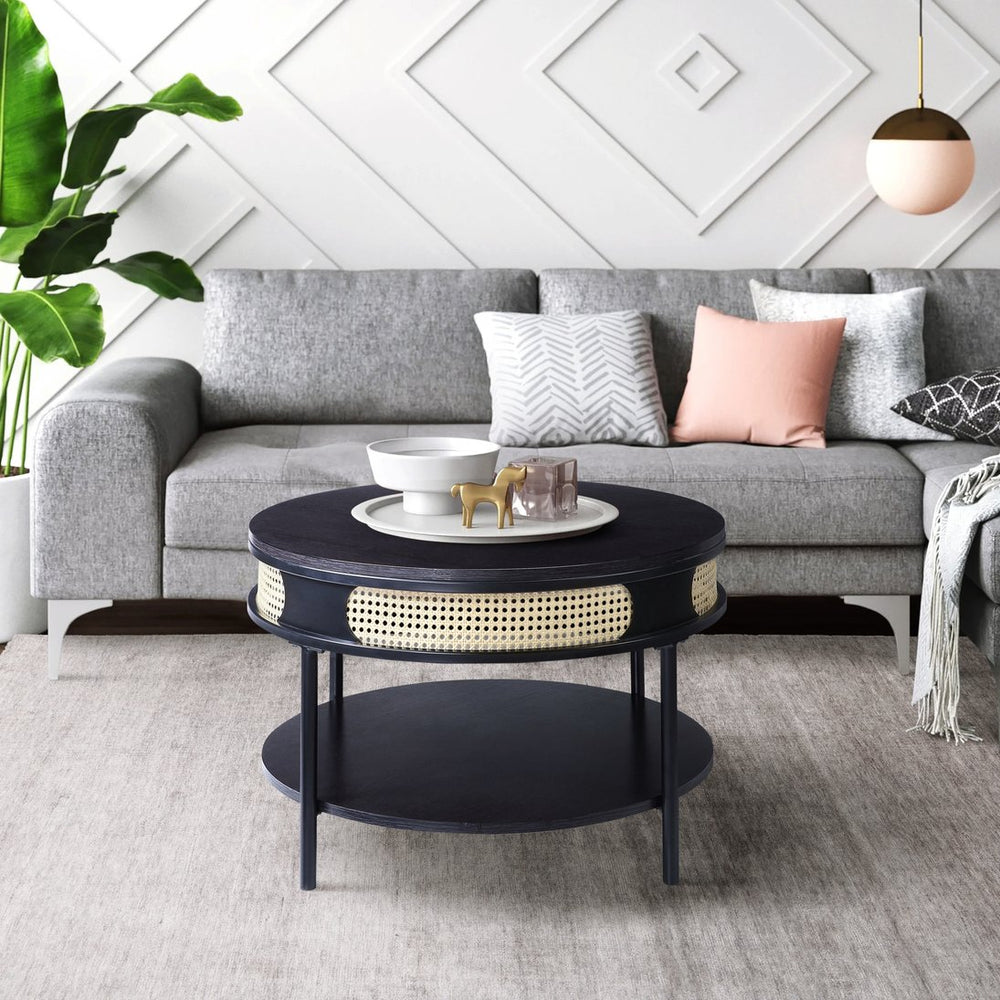 English Elm Black Round Night Table with Rattan Insert, Wooden Top & Metal Legs — Cozy Modern Industrial Bedside Accent B062P181420