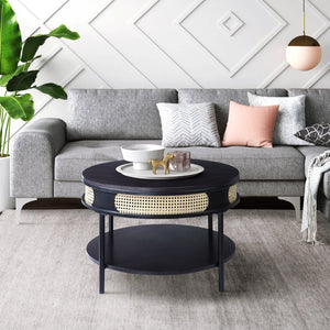 English Elm Black Round Night Table with Rattan Insert, Wooden Top & Metal Legs — Cozy Modern Industrial Bedside Accent B062P181420