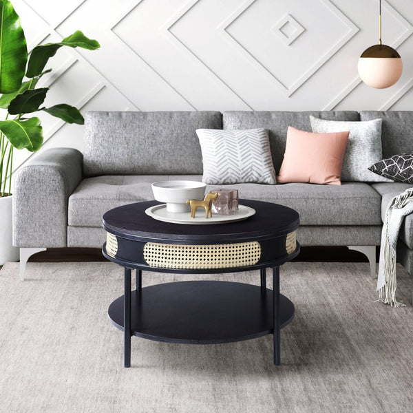 English Elm Black Round Night Table with Rattan Insert, Wooden Top & Metal Legs — Cozy Modern Industrial Bedside Accent B062P181420