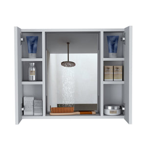 English Elm Medicine Double Door Cabinet with Mirror and External Shelf for Bathroom Storage, Sleek Durable Design White 28.34 L x 26.77 W x 3.94 H B097133007