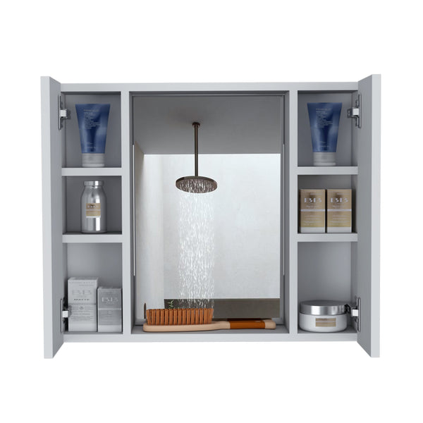 English Elm Medicine Double Door Cabinet with Mirror and External Shelf for Bathroom Storage, Sleek Durable Design White 28.34 L x 26.77 W x 3.94 H B097133007
