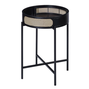 English Elm Black End Table with Rattan Tray Top and Metal Legs — Round Nightstand, Rustic Modern Accent B062P181421