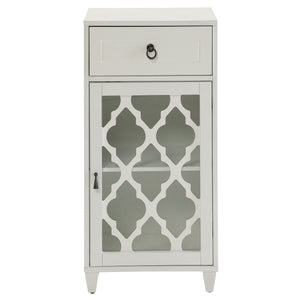 English Elm White Glass Door Side Table with Drawer, Compact White MDF Cabinet on Tapered Wooden Legs for Decor Display and Storage B062P181405