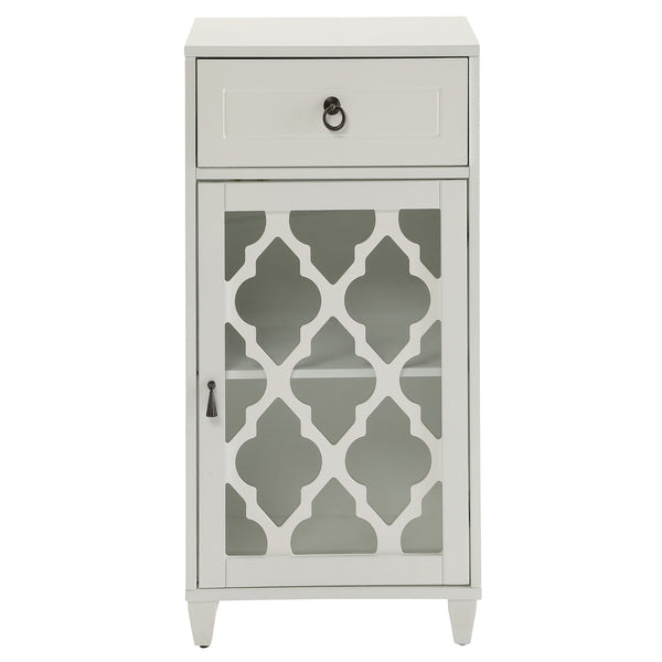 English Elm White Glass Door Side Table with Drawer, Compact White MDF Cabinet on Tapered Wooden Legs for Decor Display and Storage B062P181405
