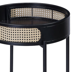 English Elm Black End Table with Rattan Tray Top and Metal Legs — Round Nightstand, Rustic Modern Accent B062P181421