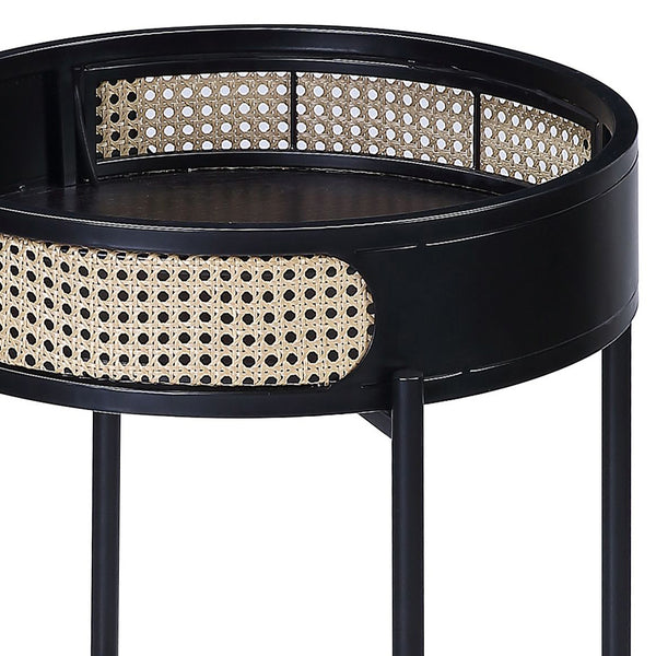 English Elm Black End Table with Rattan Tray Top and Metal Legs — Round Nightstand, Rustic Modern Accent B062P181421