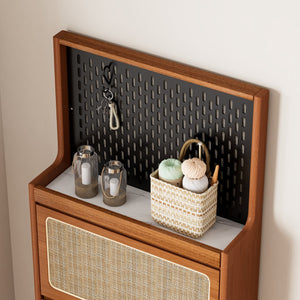English Elm Rattan Narrow Shoe Cabinet with 3 Flip Drawers, Black Pegboard & Top Organizer — Slim 65"H Storage W1801P172870