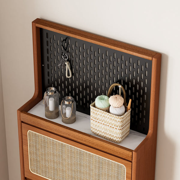English Elm Rattan Narrow Shoe Cabinet with 3 Flip Drawers, Black Pegboard & Top Organizer — Slim 65"H Storage W1801P172870