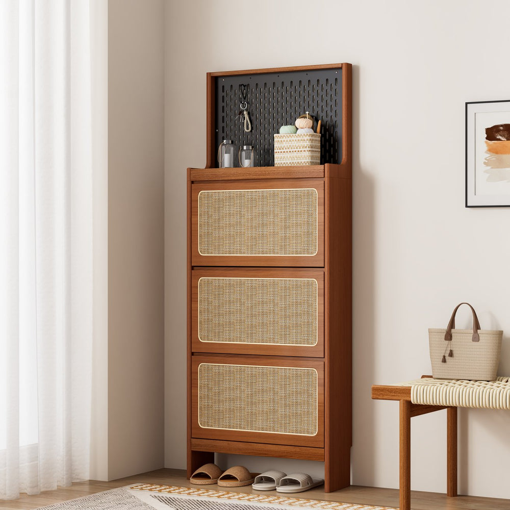 English Elm Rattan Narrow Shoe Cabinet with 3 Flip Drawers, Black Pegboard & Top Organizer — Slim 65"H Storage W1801P172870
