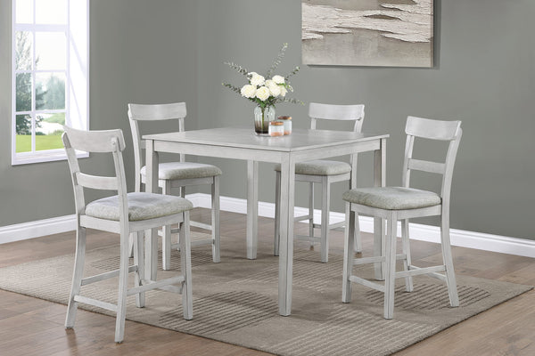 English Elm Rustic Driftwood 5-Piece Counter Height Dining Set with Square Tapered Table and Upholstered Stools Antique White+Gray 46 L x 46 W x 15 H B011P184056