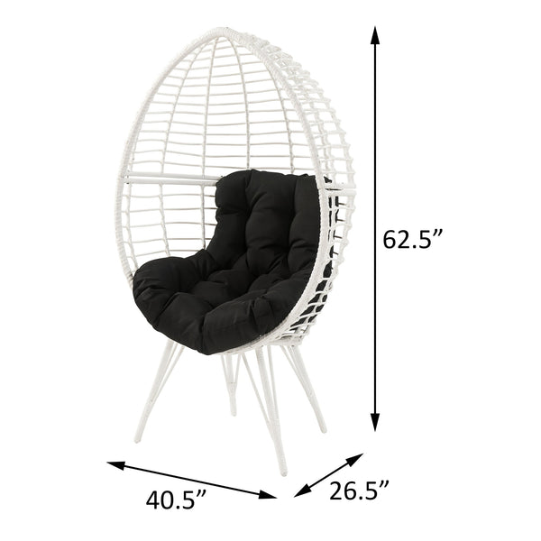 English Elm Black Black and White Patio Chair with Teardrop Wicker Frame, Plush Removable Cushion, Steel Legs for Outdoor Lounge B062P182690