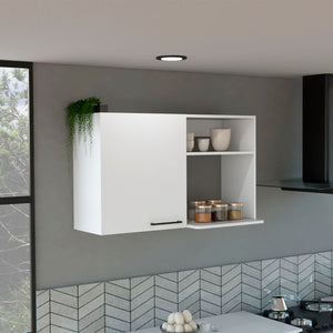 English Elm Napoles Wall Cabinet with Single Door & 2 Open Shelves, White Particleboard, Metal Handles, Space-Saving Design B200P242414