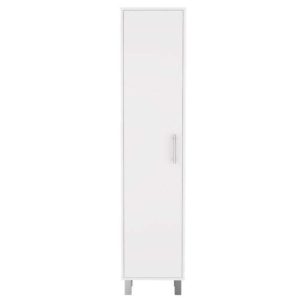 English Elm Laska 70" Tall Storage Cabinet in White — Space-Saving Broom Closet with Hanger & Five Adjustable Shelves B200P239805