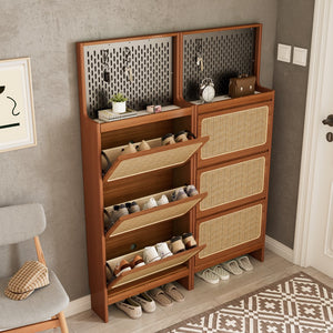 English Elm Rattan Narrow Shoe Cabinet with 3 Flip Drawers, Black Pegboard & Top Organizer — Slim 65"H Storage W1801P172870