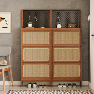 English Elm Rattan Narrow Shoe Cabinet with 3 Flip Drawers, Black Pegboard & Top Organizer — Slim 65"H Storage W1801P172870