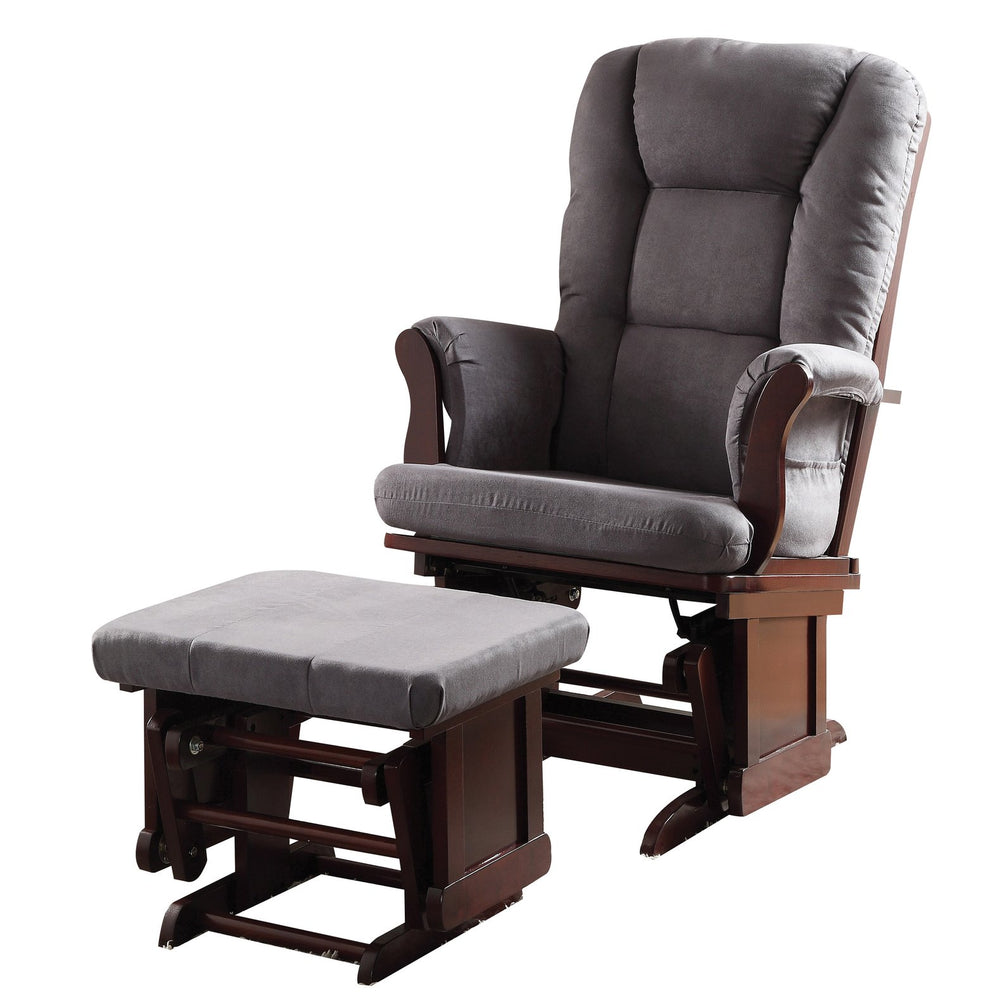 English Elm Grey Grey and Cherry Glider Chair with Ottoman Plush Microfiber Comfort Rustic Cherry Finish Gentle Gliding Retreat B062P182694