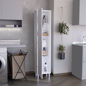 English Elm Laska 70" Tall Storage Cabinet in White — Space-Saving Broom Closet with Hanger & Five Adjustable Shelves B200P239805