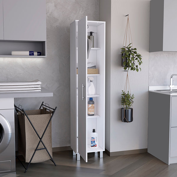 English Elm Laska 70" Tall Storage Cabinet in White — Space-Saving Broom Closet with Hanger & Five Adjustable Shelves B200P239805