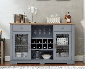 English Elm Modern Farmhouse Sideboard with Glass Doors Wine Rack and Two-tone Oak Blue Finish W1758P147682
