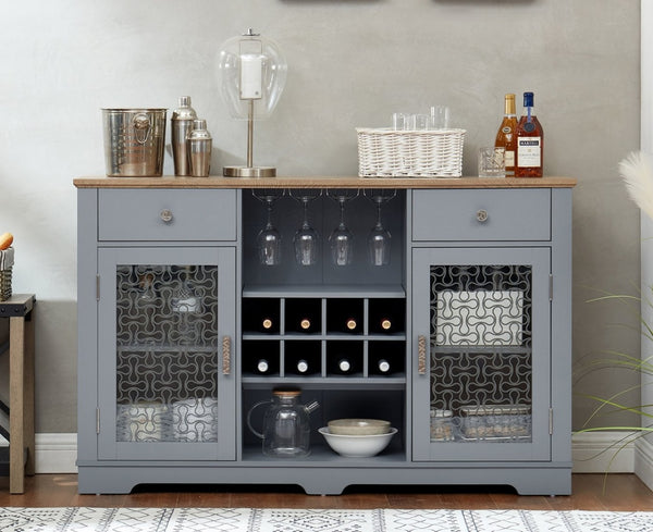 English Elm Modern Farmhouse Sideboard with Glass Doors Wine Rack and Two-tone Oak Blue Finish W1758P147682
