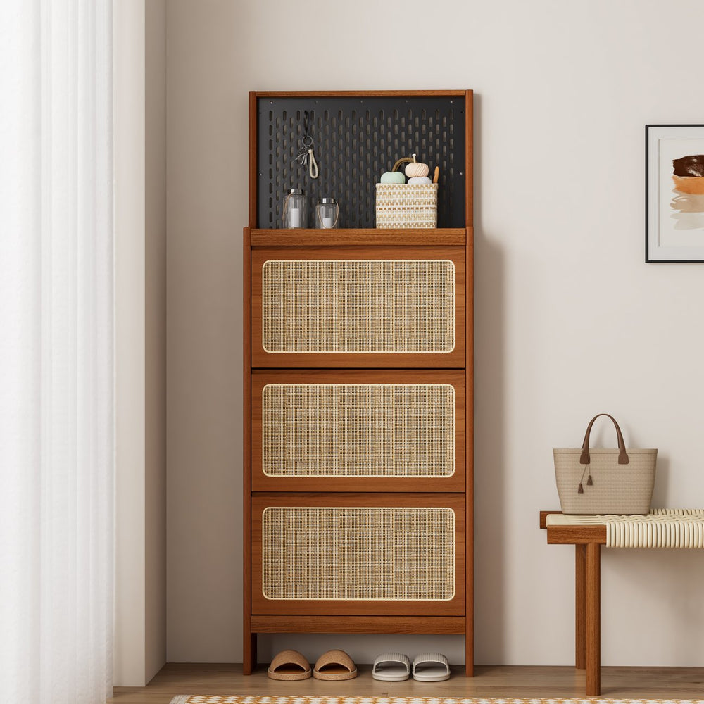 English Elm Rattan Narrow Shoe Cabinet with 3 Flip Drawers, Black Pegboard & Top Organizer — Slim 65"H Storage W1801P172870