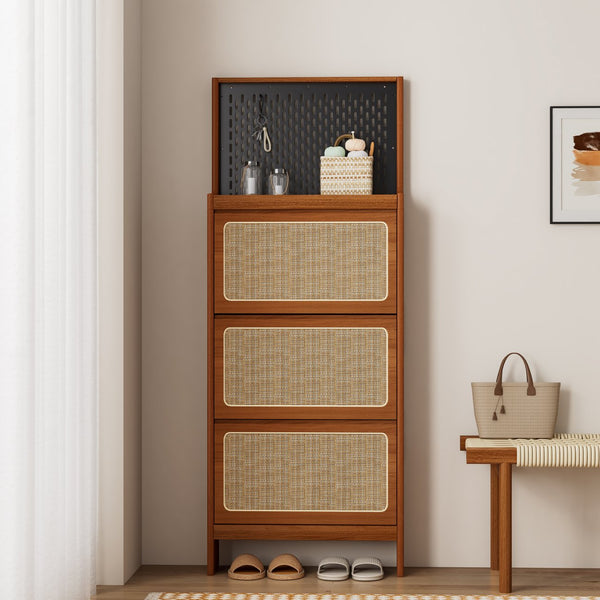 English Elm Rattan Narrow Shoe Cabinet with 3 Flip Drawers, Black Pegboard & Top Organizer — Slim 65"H Storage W1801P172870