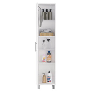 English Elm Laska 70" Tall Storage Cabinet in White — Space-Saving Broom Closet with Hanger & Five Adjustable Shelves B200P239805