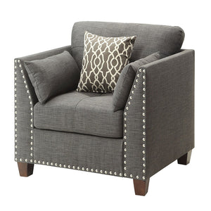 English Elm Light Charcoal Flared Arms Chair with Nailhead Trim, Linen Accent Chair with 3 Pillows for Elegant Comfort B062P182692
