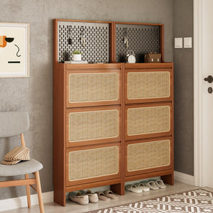 English Elm Rattan Narrow Shoe Cabinet with 3 Flip Drawers, Black Pegboard & Top Organizer — Slim 65"H Storage W1801P172870