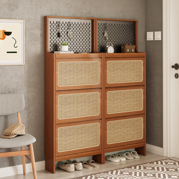 English Elm Rattan Narrow Shoe Cabinet with 3 Flip Drawers, Black Pegboard & Top Organizer — Slim 65"H Storage W1801P172870