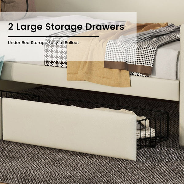 English Elm Twin Size Daybed With Storage Drawers, Charging Station & Led Lights - Stylish Beige Upholstered Design W1580S00033-GIGA