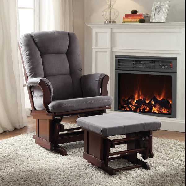 English Elm Grey Grey and Cherry Glider Chair with Ottoman Plush Microfiber Comfort Rustic Cherry Finish Gentle Gliding Retreat B062P182694