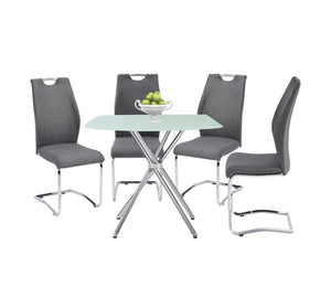 English Elm 5 Piece Square Tempered Glass Dining Set with Chrome Legs and Gray Upholstered Chairs B091S00002