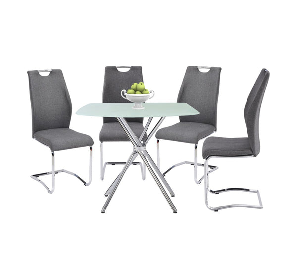 English Elm 5 Piece Square Tempered Glass Dining Set with Chrome Legs and Gray Upholstered Chairs B091S00002