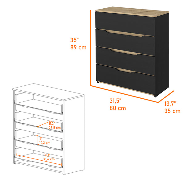 English Elm Zoe 4-Drawer Dresser with Superior Top, Black & Light Oak Finish, Easy Assembly, Space-Saving Design B20092120