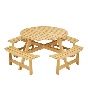 English Elm Outdoor 8 Person Round Picnic Table With 4 Benches, Umbrella Hole, Waterproof, Low Maintenance Set W2275P149764-GIGA
