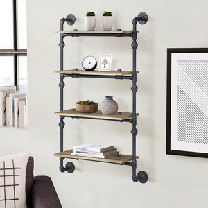 English Elm Oak 4-Tier Industrial Wall Shelf With Sandy Black Metal Frame - Stylish Storage For Any Room B062P184602