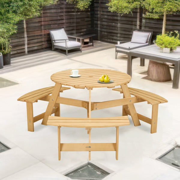 English Elm Outdoor 6 Person Round Picnic Table Set With 3 Benches, Umbrella Hole, Durable Design For Patios W2275P149762-GIGA