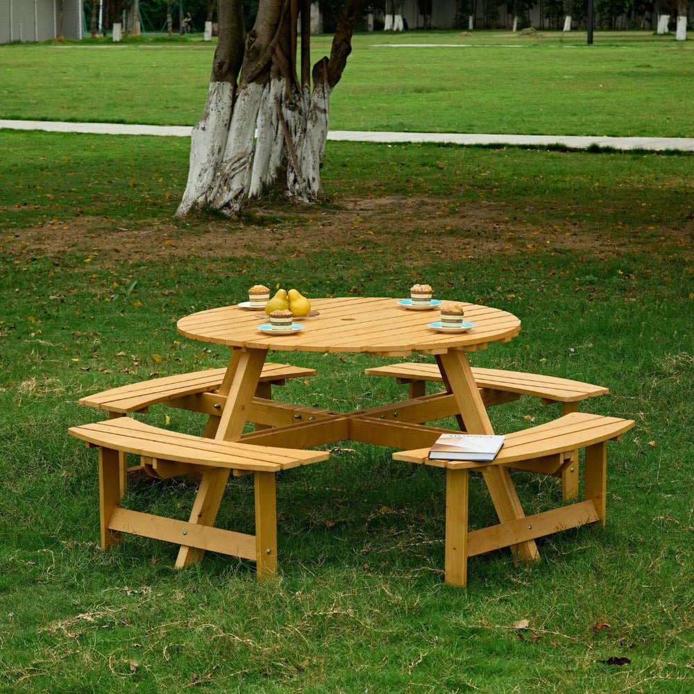 English Elm Outdoor 8 Person Round Picnic Table With 4 Benches, Umbrella Hole, Waterproof, Low Maintenance Set W2275P149764-GIGA