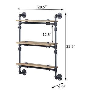 English Elm Oak 3-Tier Wall Shelf - Rustic Industrial Design In Oak-Tone And Sandy Black For Stylish Storage Solutions B062P184605