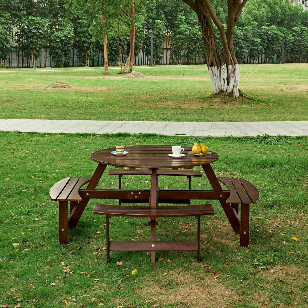English Elm Outdoor 8-Person Round Picnic Table With Built-In Benches, Umbrella Hole & Waterproof Finish For Gardens W2275P149765-GIGA