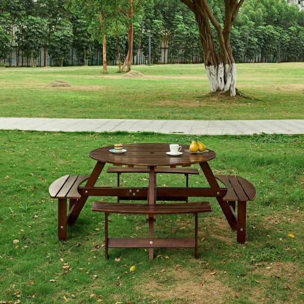 English Elm Outdoor 8-Person Round Picnic Table With Built-In Benches, Umbrella Hole & Waterproof Finish For Gardens W2275P149765-GIGA